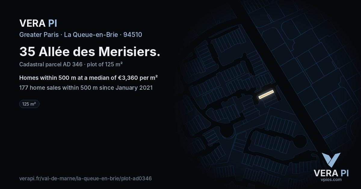 35 Allée des Merisiers, La Queue-en-Brie at night – the plot lit, the parcels around coloured by the prices near them
