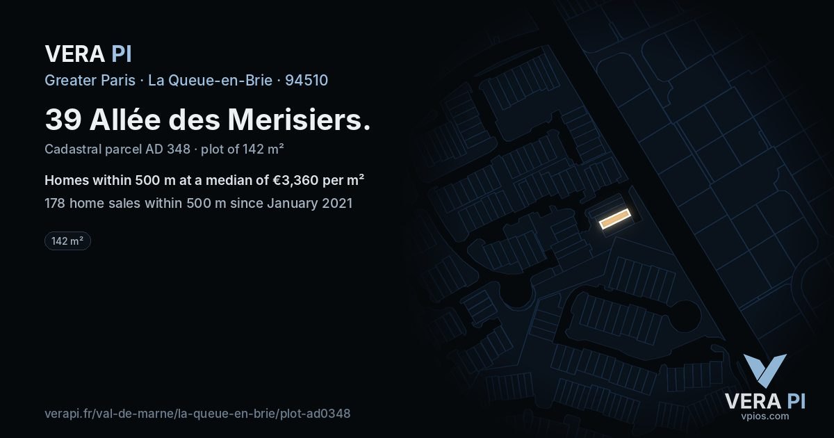 39 Allée des Merisiers, La Queue-en-Brie at night – the plot lit, the parcels around coloured by the prices near them
