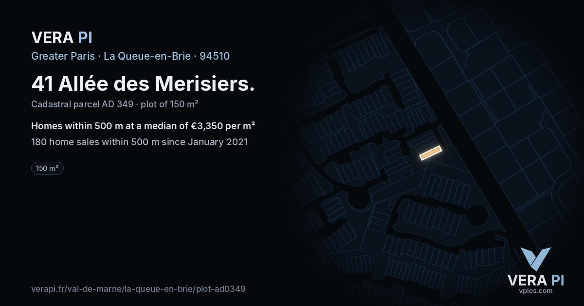 41 Allée des Merisiers, La Queue-en-Brie at night – the plot lit, the parcels around coloured by the prices near them