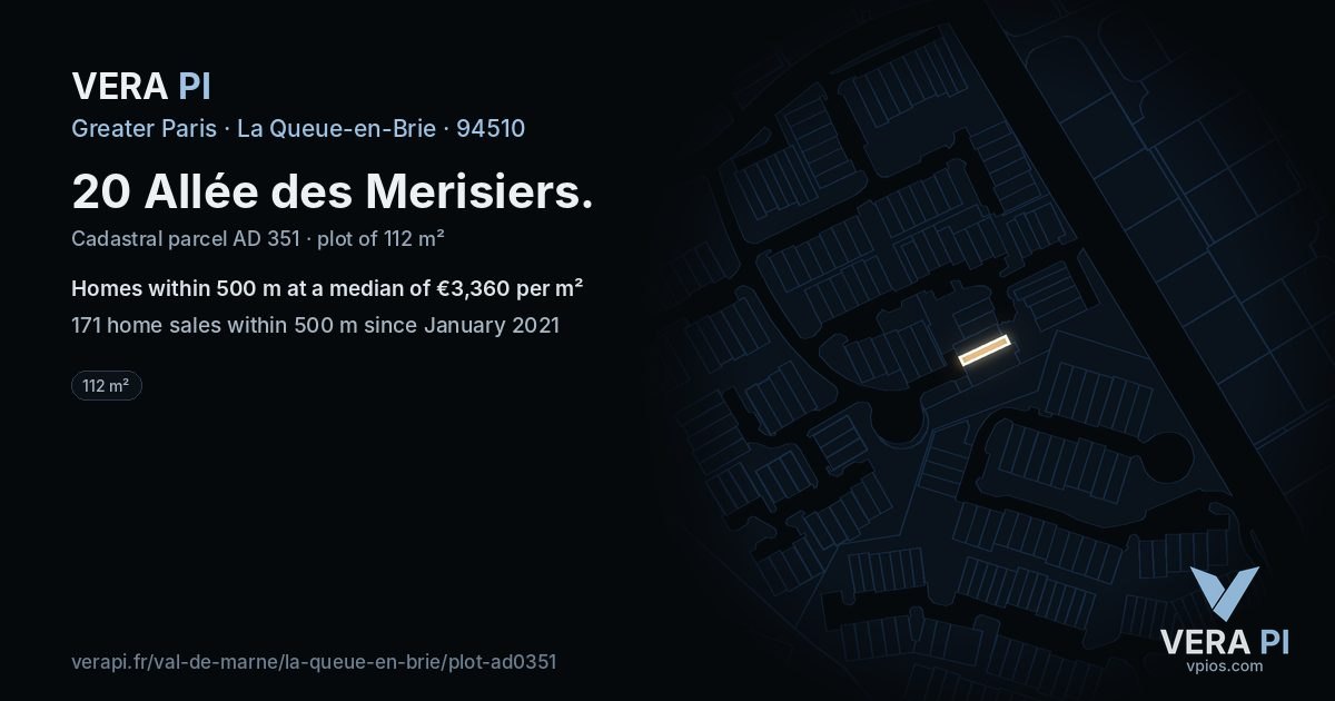20 Allée des Merisiers, La Queue-en-Brie at night – the plot lit, the parcels around coloured by the prices near them