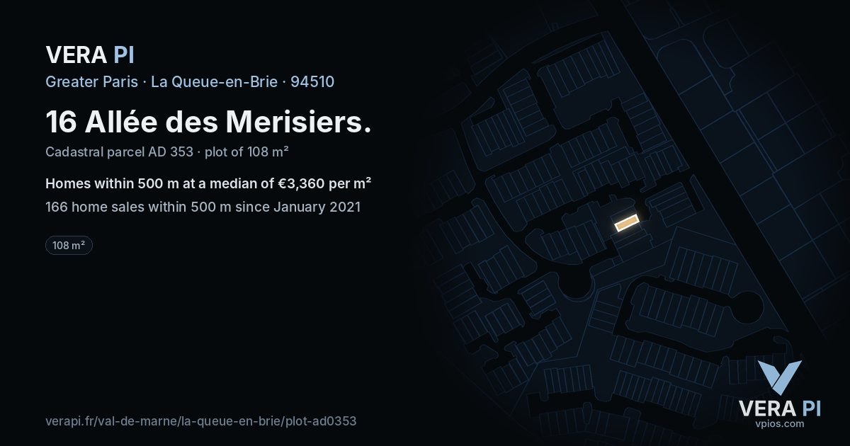 16 Allée des Merisiers, La Queue-en-Brie at night – the plot lit, the parcels around coloured by the prices near them