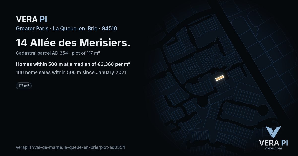 14 Allée des Merisiers, La Queue-en-Brie at night – the plot lit, the parcels around coloured by the prices near them
