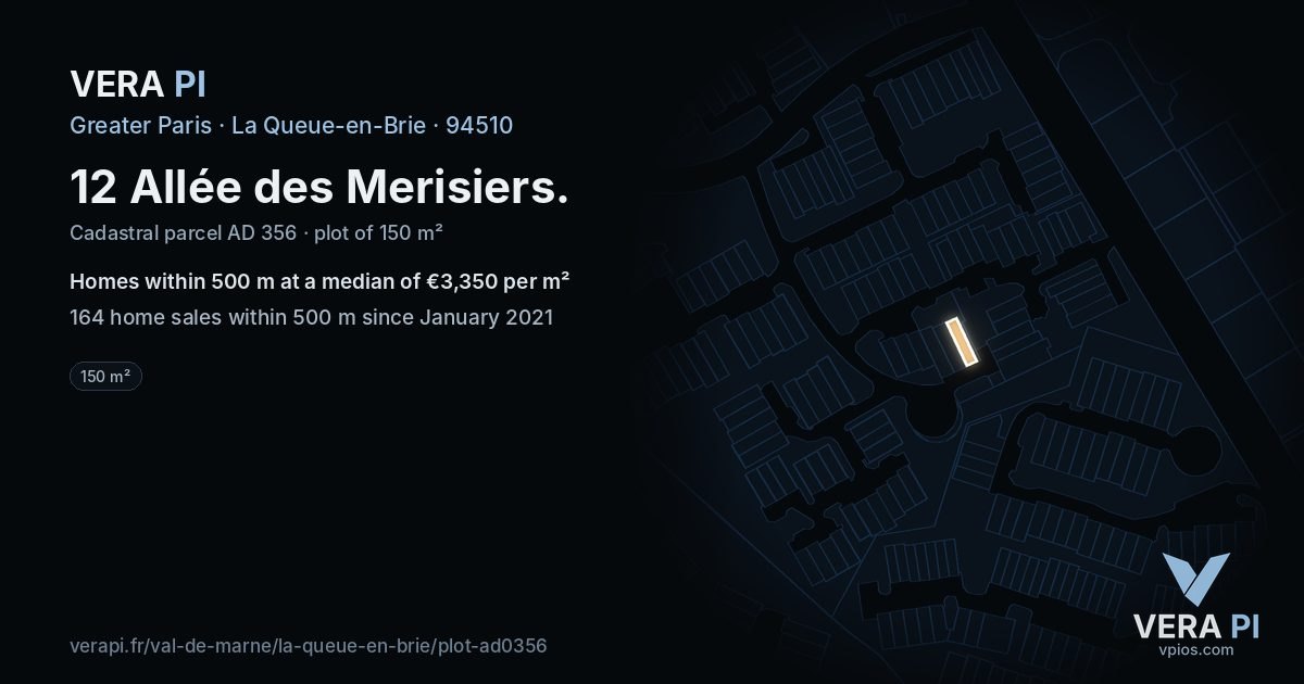 12 Allée des Merisiers, La Queue-en-Brie at night – the plot lit, the parcels around coloured by the prices near them