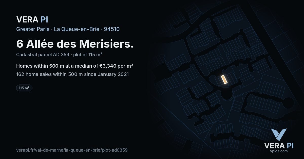 6 Allée des Merisiers, La Queue-en-Brie at night – the plot lit, the parcels around coloured by the prices near them