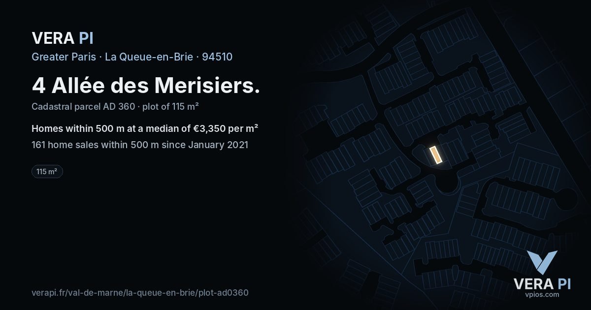 4 Allée des Merisiers, La Queue-en-Brie at night – the plot lit, the parcels around coloured by the prices near them