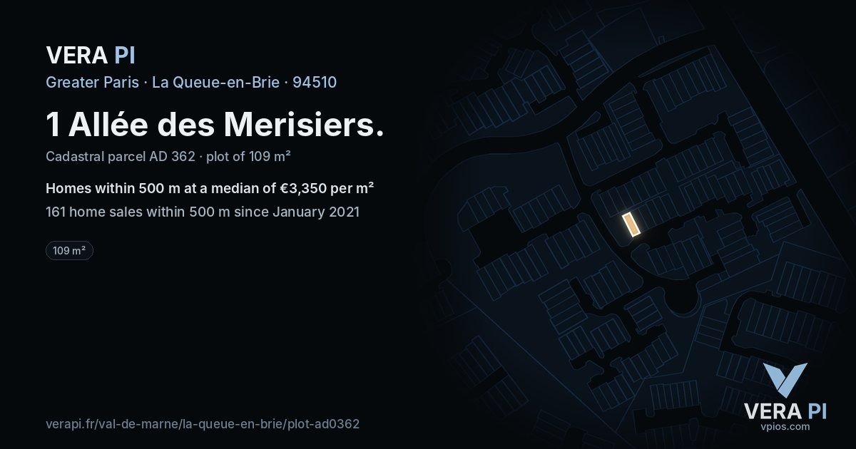 1 Allée des Merisiers, La Queue-en-Brie at night – the plot lit, the parcels around coloured by the prices near them