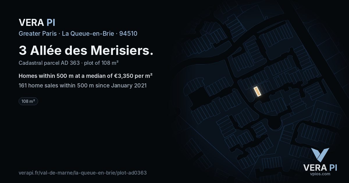 3 Allée des Merisiers, La Queue-en-Brie at night – the plot lit, the parcels around coloured by the prices near them