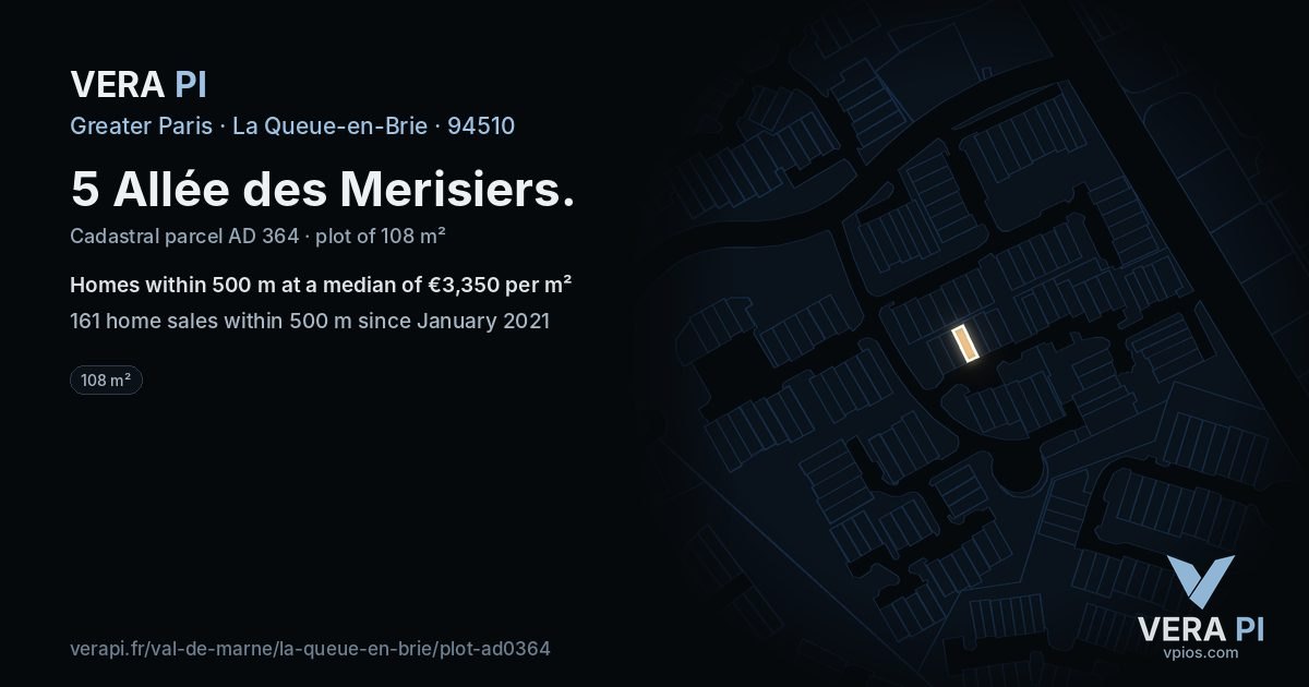 5 Allée des Merisiers, La Queue-en-Brie at night – the plot lit, the parcels around coloured by the prices near them