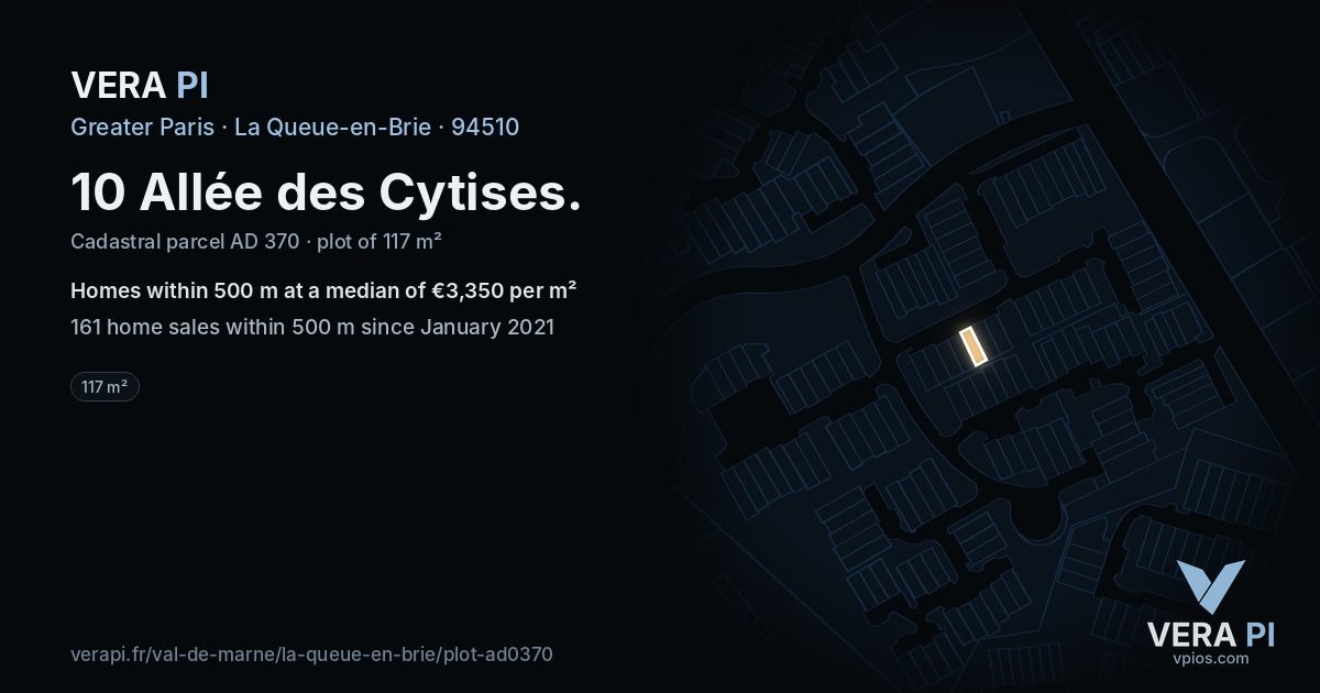 10 Allée des Cytises, La Queue-en-Brie at night – the plot lit, the parcels around coloured by the prices near them