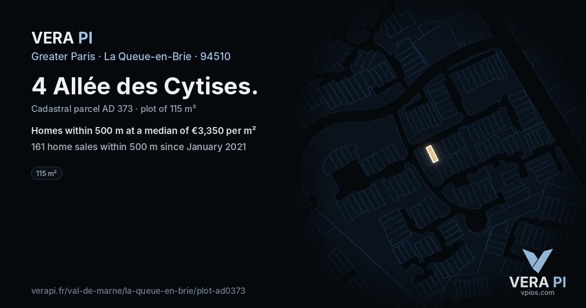 4 Allée des Cytises, La Queue-en-Brie at night – the plot lit, the parcels around coloured by the prices near them