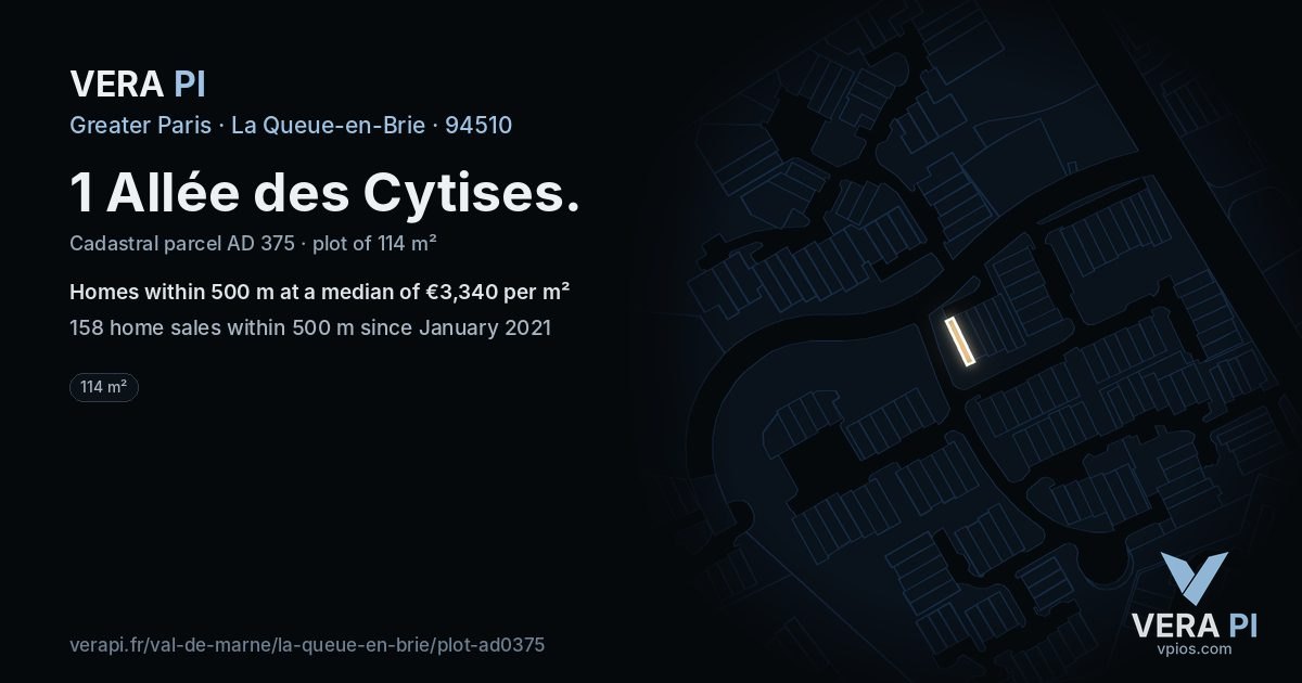 1 Allée des Cytises, La Queue-en-Brie at night – the plot lit, the parcels around coloured by the prices near them