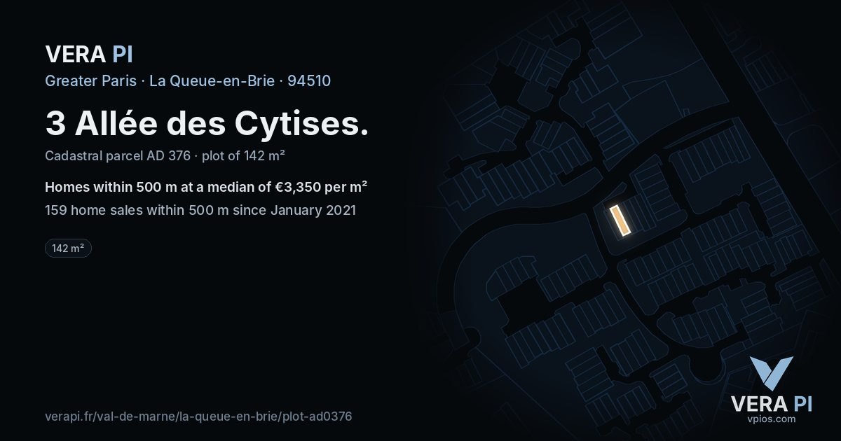 3 Allée des Cytises, La Queue-en-Brie at night – the plot lit, the parcels around coloured by the prices near them