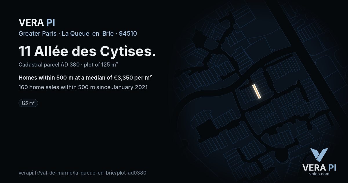 11 Allée des Cytises, La Queue-en-Brie at night – the plot lit, the parcels around coloured by the prices near them