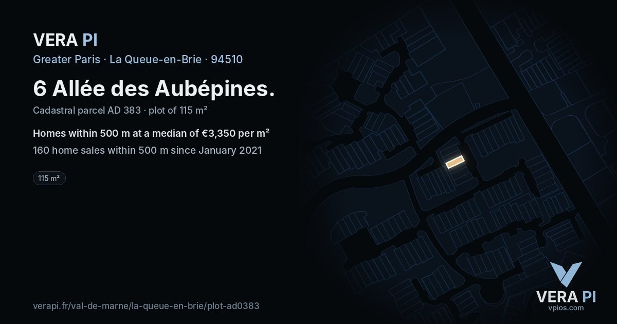 6 Allée des Aubépines, La Queue-en-Brie at night – the plot lit, the parcels around coloured by the prices near them