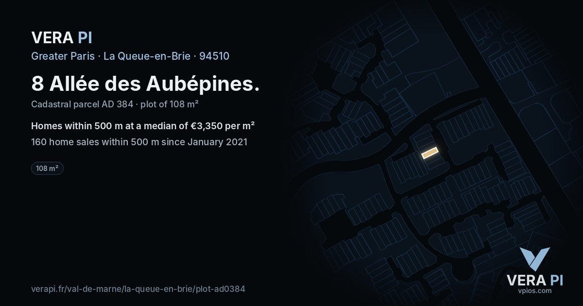 8 Allée des Aubépines, La Queue-en-Brie at night – the plot lit, the parcels around coloured by the prices near them