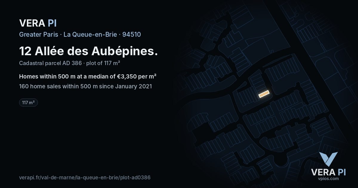 12 Allée des Aubépines, La Queue-en-Brie at night – the plot lit, the parcels around coloured by the prices near them