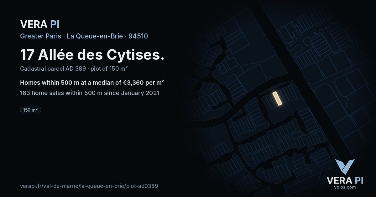 17 Allée des Cytises, La Queue-en-Brie at night – the plot lit, the parcels around coloured by the prices near them