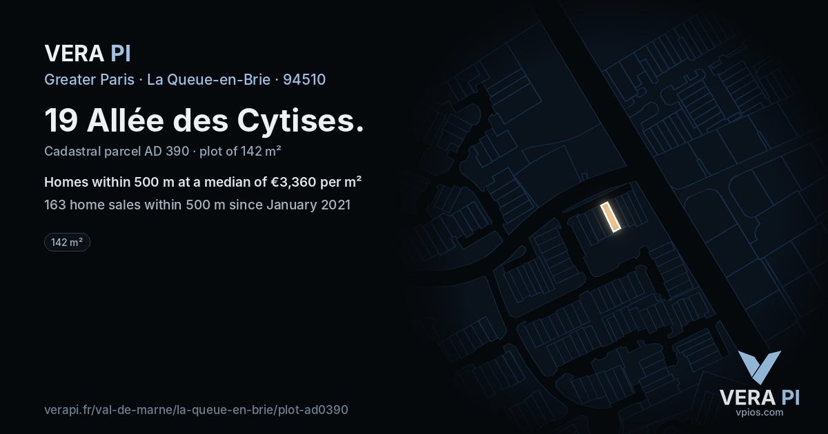 19 Allée des Cytises, La Queue-en-Brie at night – the plot lit, the parcels around coloured by the prices near them