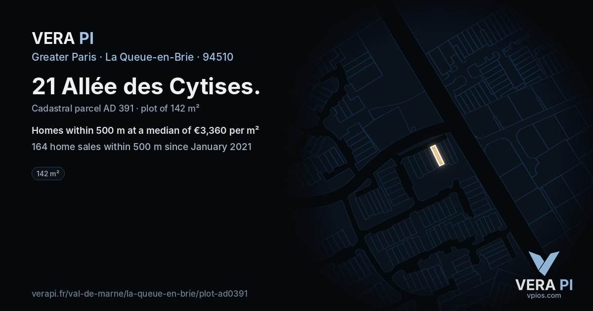 21 Allée des Cytises, La Queue-en-Brie at night – the plot lit, the parcels around coloured by the prices near them