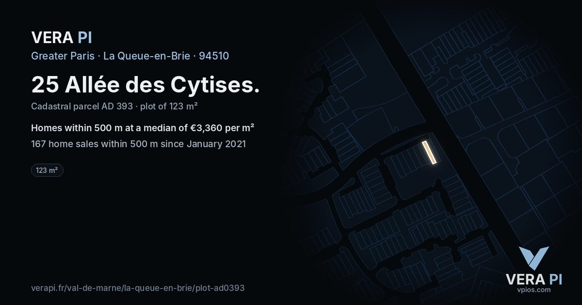 25 Allée des Cytises, La Queue-en-Brie at night – the plot lit, the parcels around coloured by the prices near them