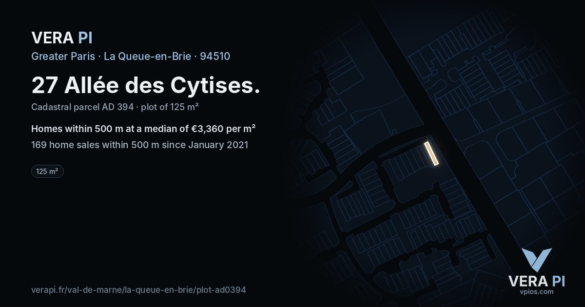 27 Allée des Cytises, La Queue-en-Brie at night – the plot lit, the parcels around coloured by the prices near them