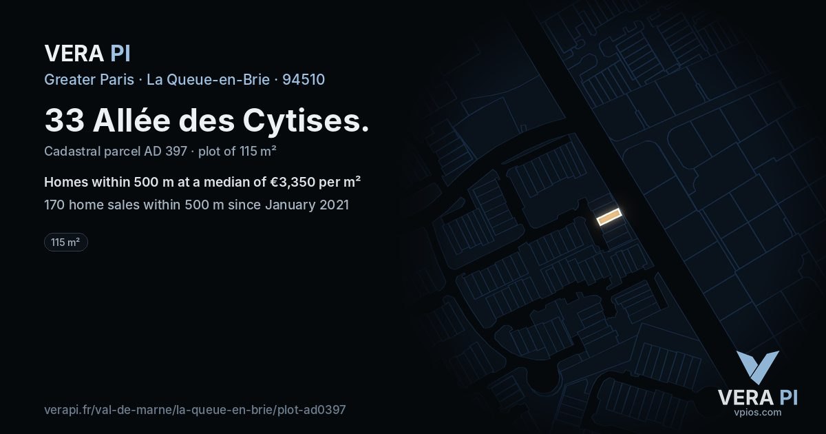 33 Allée des Cytises, La Queue-en-Brie at night – the plot lit, the parcels around coloured by the prices near them