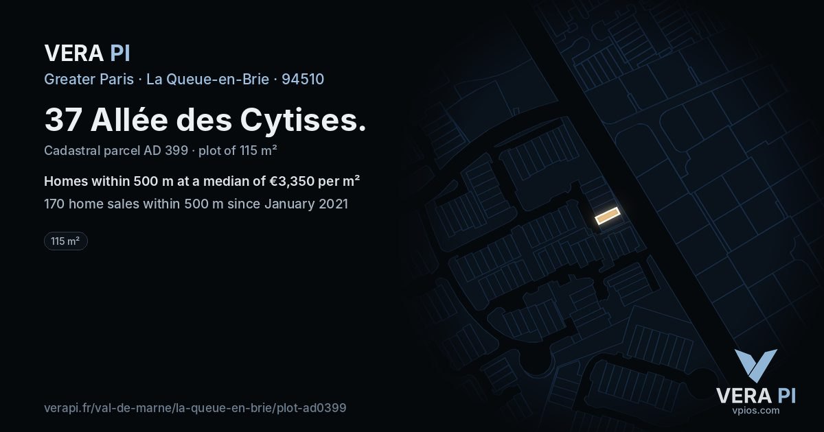 37 Allée des Cytises, La Queue-en-Brie at night – the plot lit, the parcels around coloured by the prices near them