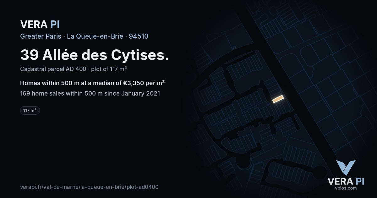 39 Allée des Cytises, La Queue-en-Brie at night – the plot lit, the parcels around coloured by the prices near them