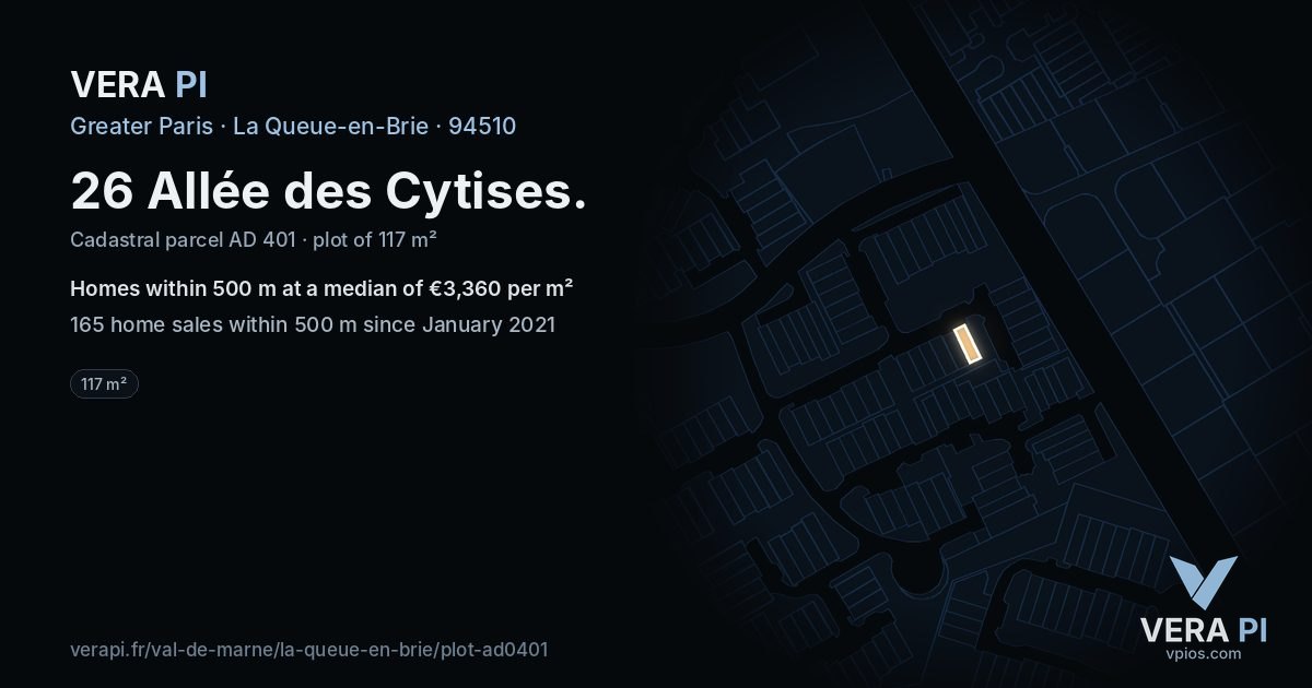 26 Allée des Cytises, La Queue-en-Brie at night – the plot lit, the parcels around coloured by the prices near them
