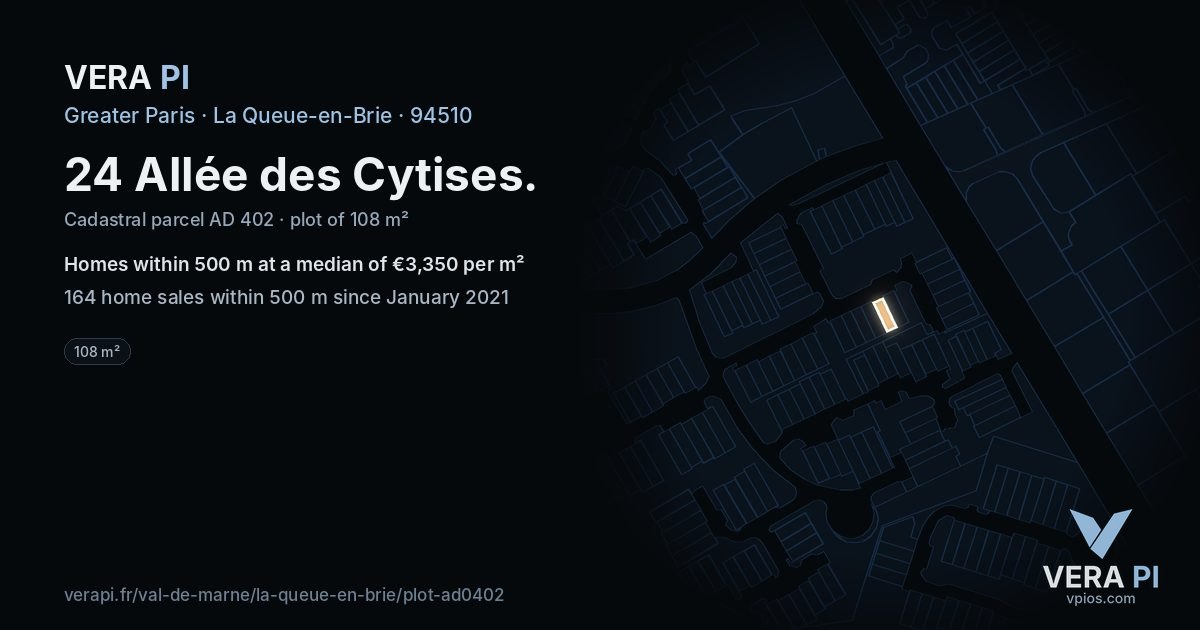 24 Allée des Cytises, La Queue-en-Brie at night – the plot lit, the parcels around coloured by the prices near them