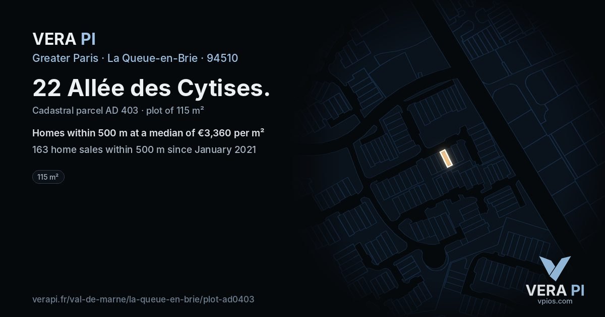 22 Allée des Cytises, La Queue-en-Brie at night – the plot lit, the parcels around coloured by the prices near them