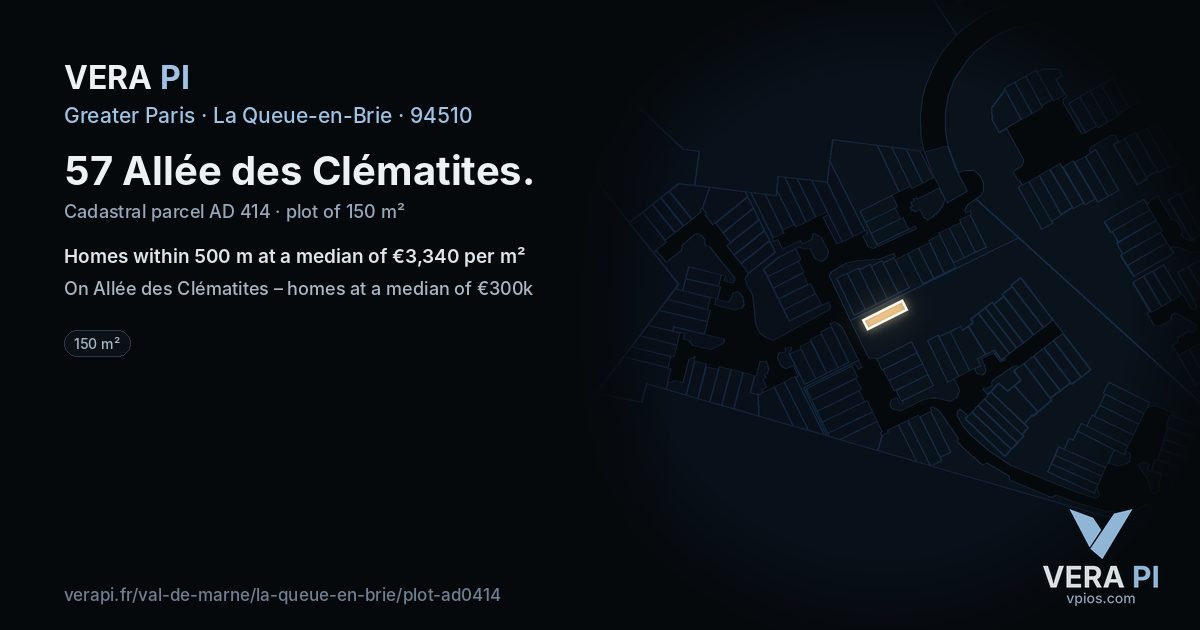 57 Allée des Clématites, La Queue-en-Brie at night – the plot lit, the parcels around coloured by the prices near them