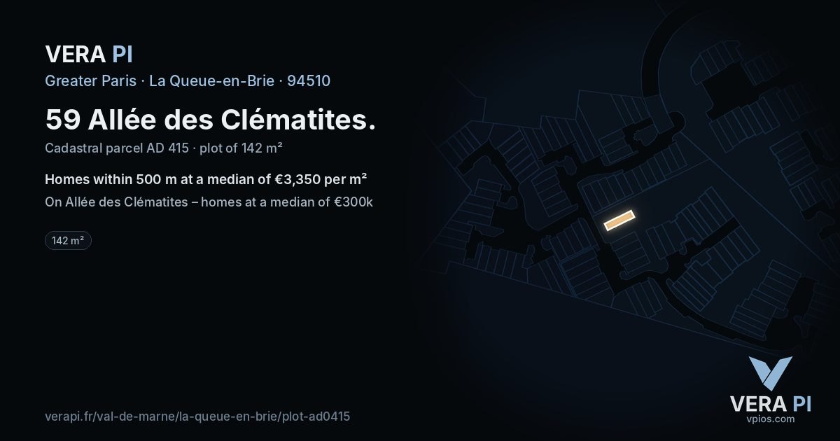 59 Allée des Clématites, La Queue-en-Brie at night – the plot lit, the parcels around coloured by the prices near them