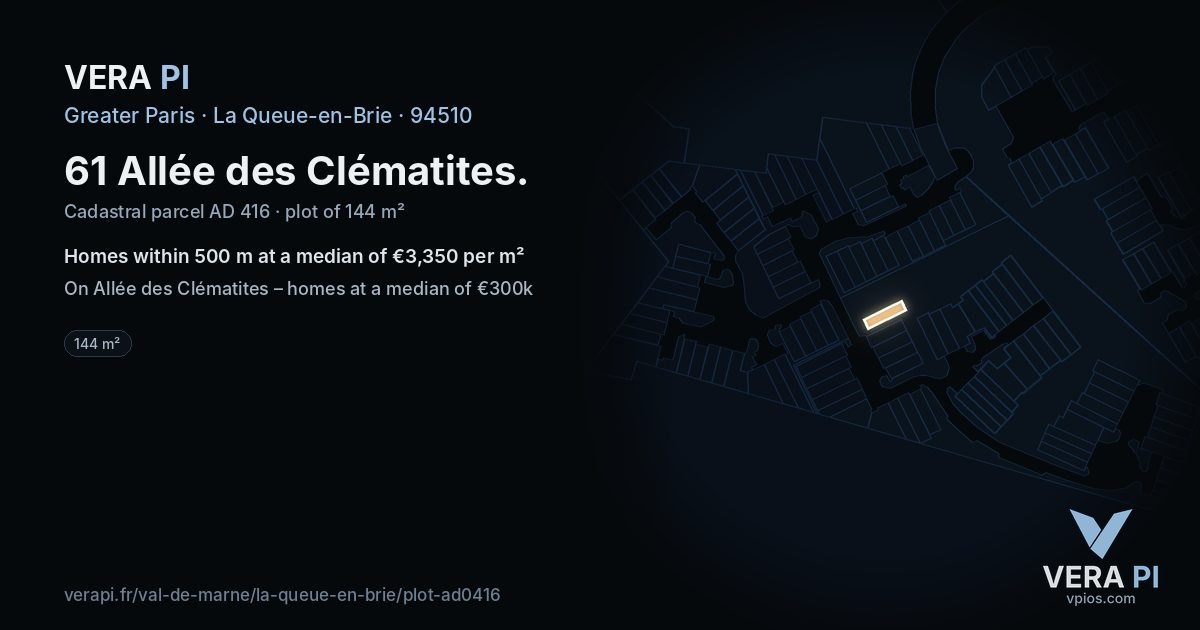 61 Allée des Clématites, La Queue-en-Brie at night – the plot lit, the parcels around coloured by the prices near them