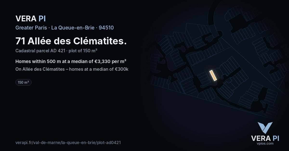 71 Allée des Clématites, La Queue-en-Brie at night – the plot lit, the parcels around coloured by the prices near them