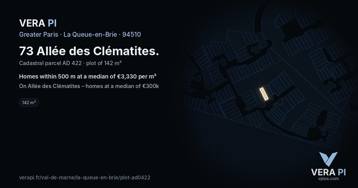73 Allée des Clématites, La Queue-en-Brie at night – the plot lit, the parcels around coloured by the prices near them
