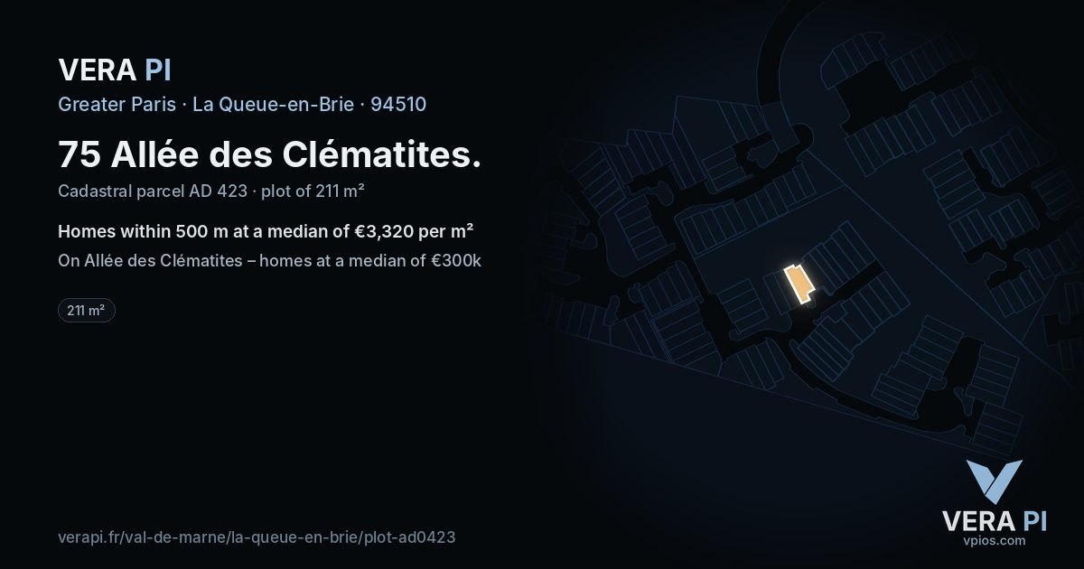 75 Allée des Clématites, La Queue-en-Brie at night – the plot lit, the parcels around coloured by the prices near them