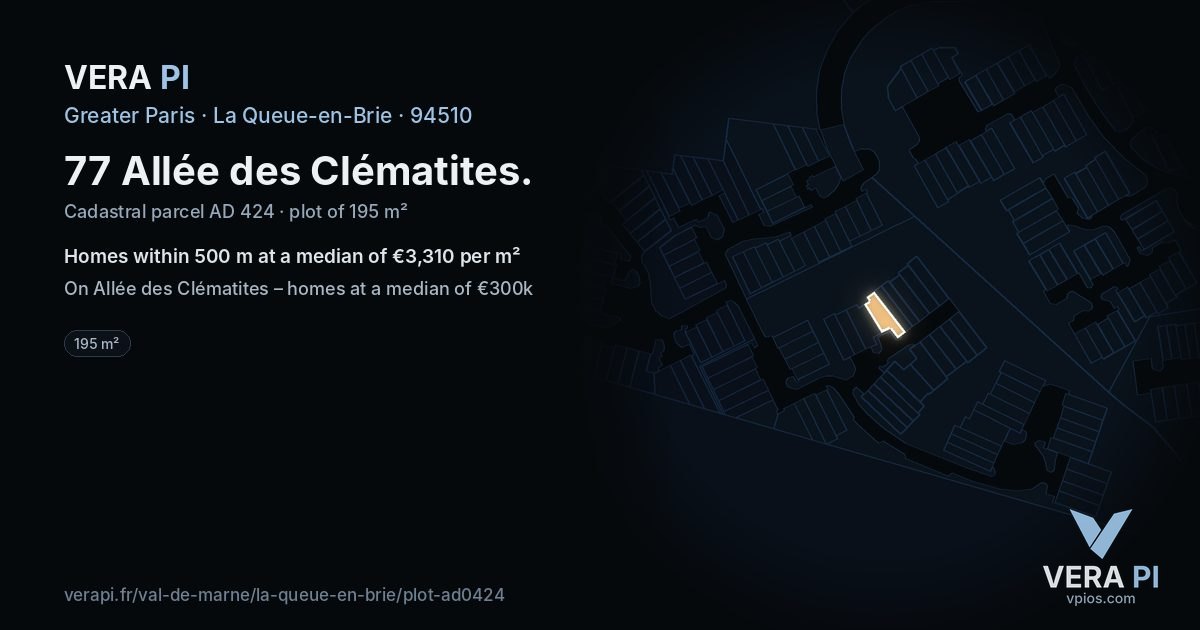 77 Allée des Clématites, La Queue-en-Brie at night – the plot lit, the parcels around coloured by the prices near them