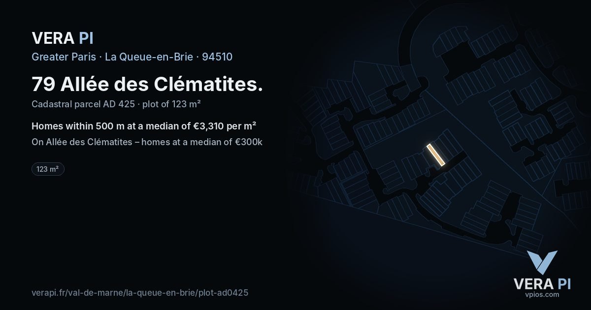 79 Allée des Clématites, La Queue-en-Brie at night – the plot lit, the parcels around coloured by the prices near them
