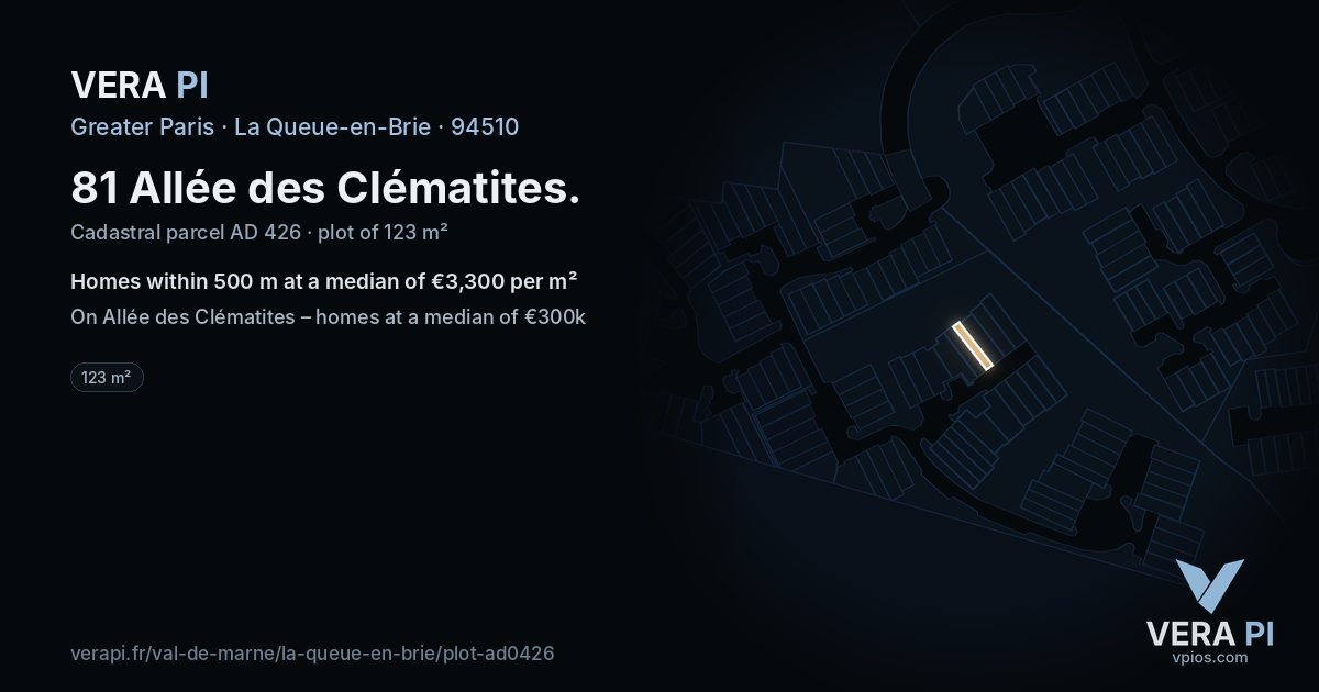 81 Allée des Clématites, La Queue-en-Brie at night – the plot lit, the parcels around coloured by the prices near them