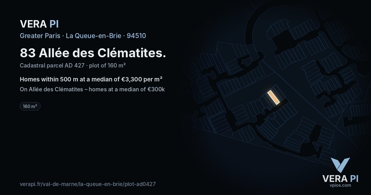 83 Allée des Clématites, La Queue-en-Brie at night – the plot lit, the parcels around coloured by the prices near them