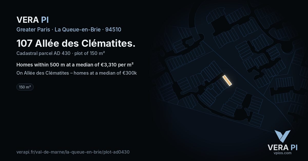 107 Allée des Clématites, La Queue-en-Brie at night – the plot lit, the parcels around coloured by the prices near them