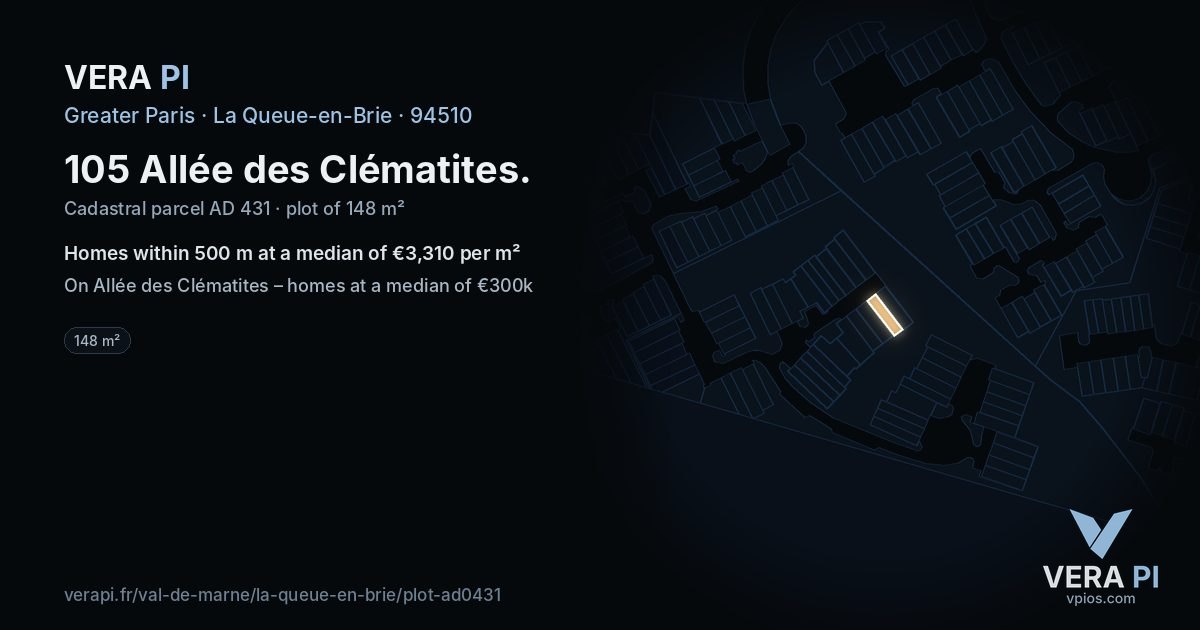 105 Allée des Clématites, La Queue-en-Brie at night – the plot lit, the parcels around coloured by the prices near them