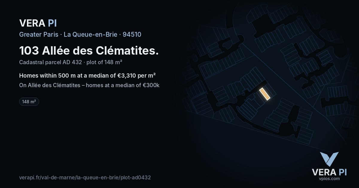 103 Allée des Clématites, La Queue-en-Brie at night – the plot lit, the parcels around coloured by the prices near them
