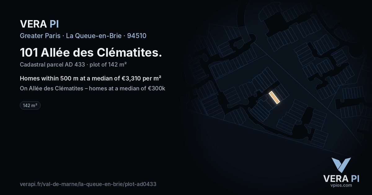 101 Allée des Clématites, La Queue-en-Brie at night – the plot lit, the parcels around coloured by the prices near them