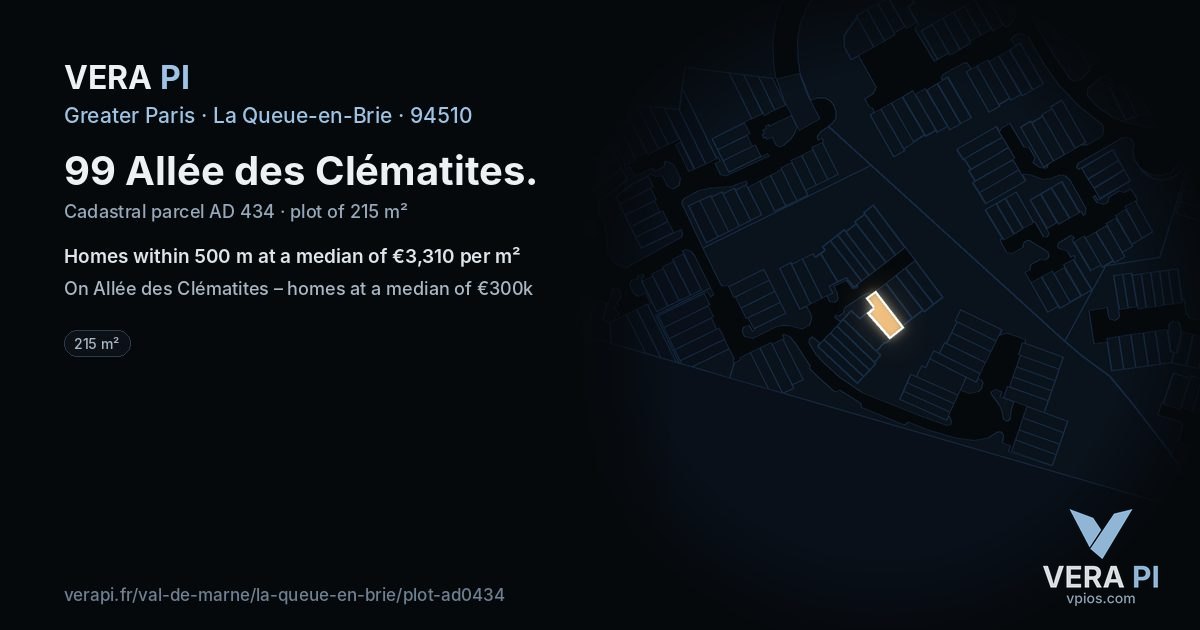 99 Allée des Clématites, La Queue-en-Brie at night – the plot lit, the parcels around coloured by the prices near them