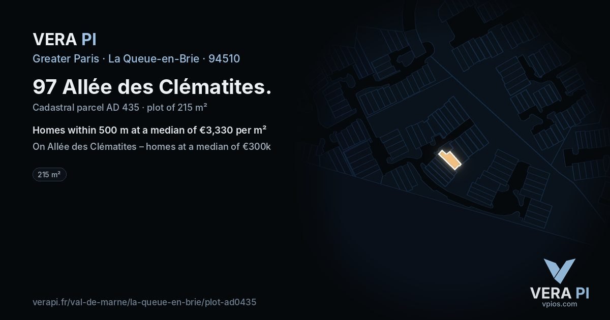 97 Allée des Clématites, La Queue-en-Brie at night – the plot lit, the parcels around coloured by the prices near them
