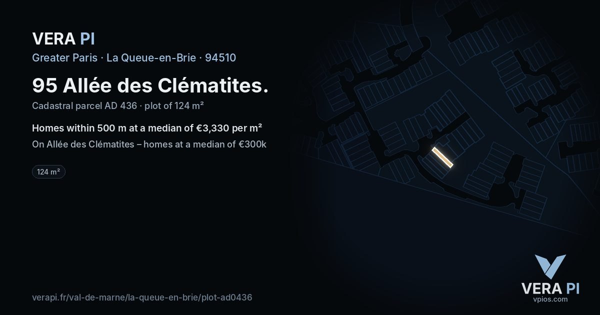 95 Allée des Clématites, La Queue-en-Brie at night – the plot lit, the parcels around coloured by the prices near them