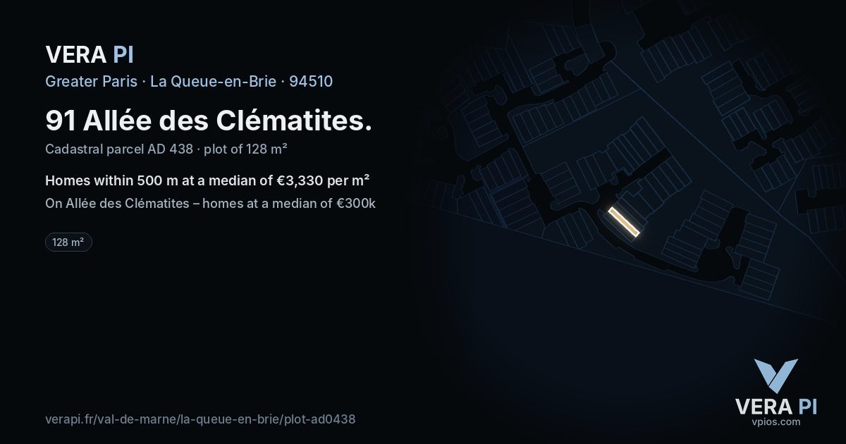 91 Allée des Clématites, La Queue-en-Brie at night – the plot lit, the parcels around coloured by the prices near them