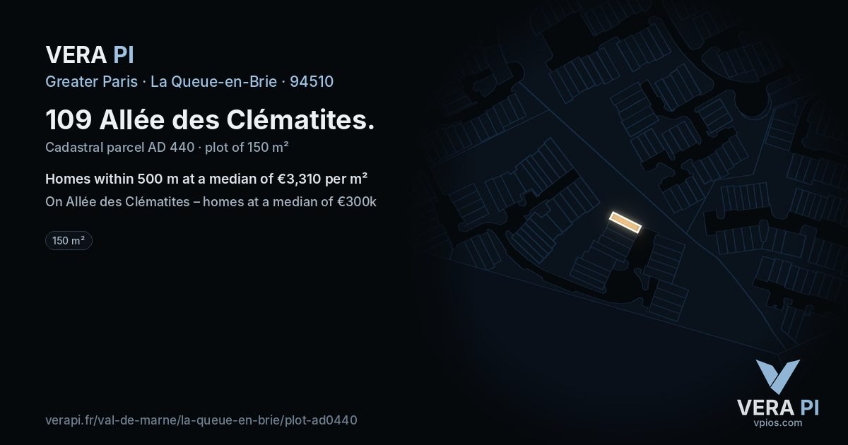 109 Allée des Clématites, La Queue-en-Brie at night – the plot lit, the parcels around coloured by the prices near them